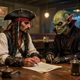 A pirate and a goblin negotiate a contract with a vampire in a western saloon, 8k ultra realistic, detailed, intricate, full of colour, cinematic lighting, trending on artstation, 4k, hyperrealistic, focused, extreme details, unreal engine 5, cinematic, masterpiece