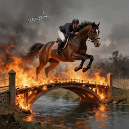 a horse jumping!!! over a burning bridge by the river, by wlop!!! and rossdraws!!!, digital painting, concept art, trending on artstation, dramatic composition