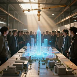 large group people in a frame warehouse, looking at hologram of futuristic city on a table, cinematic concept art, godrays, golden hour, natural sunlight, 4 k, clear details, tabletop model buildings, foreground tabletop model, hologram center, crane shot, crane shot, crane shot