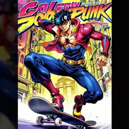 Anime key visual of Cyberpunk ninja Spider-Man in a colorful blue and scarlet suit, wearing a scarlet hoodie, riding a skateboard in Berlin, official media drawn by Hirohiko Araki, anime magazine cover, manga cover, shonen jump cover, in the style of JOJO’s bizarre adventure, Hirohiko Araki artwork
