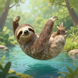 a fantasy artwork of a sloth floating down stream