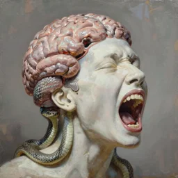 A disembodied head screaming with an exposed brain as snakes slither down, oil painting, surrealism, Vincent van Gogh