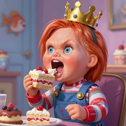 closeup profile portrait of a tin toy ivanka trump screaming as a sith lord fairytale princess chucky doll wearing a crown and eating cakes, bikini, hyper realistic, artstation, illustration, nicoletta ceccoli, mark ryden, lostfish, max fleischer, digital paint, matte paint, vivid colors, bright, cheerful, detailed and intricate environment