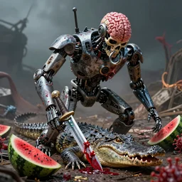by artgerm and agostino arrivabene, visually stunning, cinematic, ultra realistic, hyper realism, 1 2 k, epic, octane render, unreal engine, vfx, maya, robot with no brains, skull ring, bloodstone dagger, alligator skin, zombie apocalypse, rogue robot, call the prime land from the yeast, virus - laden watermelon