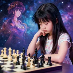 chess tournament, young girl, carmen kass, ukiyo - e, mary stevenson cassatt, galactic light colors