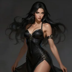 a highly detailed illustration of beautiful tan space goddess wearing black dress, dramatic seductive pose, intricate, elegant, perfect face, perfect body, highly detailed, centered, digital painting, artstation, concept art, smooth, sharp focus, league of legends concept art, wlop.