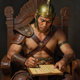 tai warlord, closeup portrait, sit on the thai style wooden craving throne for writing inscription on wooden tablet, historical, ethnic group, traditional tai costume, bronze headset, leather shoulder armor, fantasy, intricate, with leather armor cross onbare chest, elegant, loin cloth, highly detailed, oill painting, artstation, concept art, matte, sharp focus, illustration, hearthstone, art by earl norem