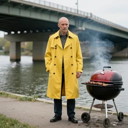 balded man with a yellow trenchcoat stands under a bridge on the side stands a bbq