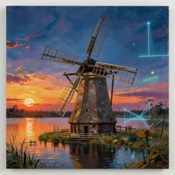 a beautiful very detailed painting of windmill nature industrial architecture urbex abandoned building by thomas kinkade, hyperrealism sunset water at night laser fisheye thermal imaging nature studio ghibli dramatic lighting lake at dusk vaporwave nightsky, archdaily, wallpaper, highly detailed, trending on artstation.