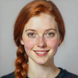 a beautiful painting of a smiling woman with auburn side braid and pretty hazel eyes representative of the art style of artgerm and wlop and peter mohrbacher, portrait