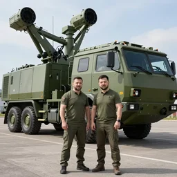 a transport-erector-launcher with Volodymyr Zelenskyy standing next to it, photorealistic, highly detailed, lifelike