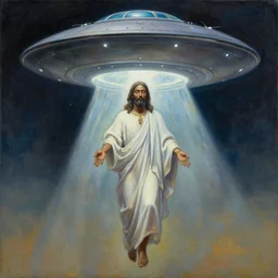 UFO hovering over an African Jesus , painting by Hsiao-Ron Cheng,