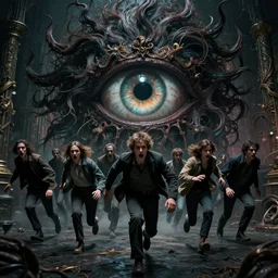 people running terrified of the hair monster, high detail, 8k, ornate, nightmare, realistic, masterpiece, complex, WLOP, film still from the movie directed by Denis Villeneuve with art direction by Pablo Picasso and Greg rutkowski, centered, enhanced light effect, enhanced eye detail, artstation hd