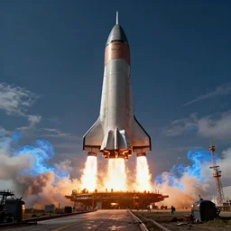 giant scifi space rocket, fired from launch platform in a blaze of smoke and blue fire, exhaust engine fireing, landscape, alex ross, eddie mendoza, raphael lacoste, george lucas, star wars, star citizen, horizon zero dawn, sebastian ludke, concept art, matte painting, highly detailed, rule of thirds, dynamic lighting, cinematic, realism, realistic, photo real, detailed, magnificiant landscape, denoised, centerd