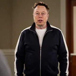 scene with bald elon musk in a tracksuit as a character in trailer park boys
