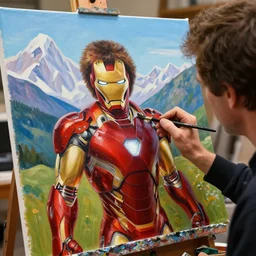 a closeup photorealistic photograph of bob ross working on a canvas painting of iron man in his studio. mountain scape. film still, vibrant colors. this 4 k hd image is trending on artstation, featured on behance, well - rendered, extra crisp, features intricate detail, epic composition and the style of unreal engine.