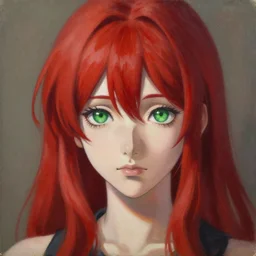 oil painting character portrait concept art, anime key visual of young female, studio light directed gaze finely detailed perfect face, red hair green eyes, trending on pixiv fanbox, painted by makoto shinkai takashi takeuchi