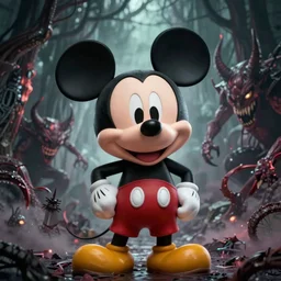 mickey mouse possessed by a horrific demon, terror, scary, unsettling, high quality, high resolution