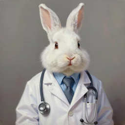 a white bunny wearing doctor's coat and stethoscope with carot. digital art artstation. realistic oilpainting.