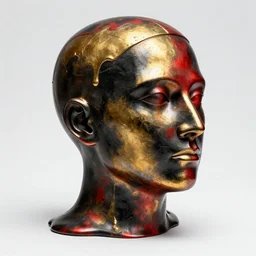 a head made out of melting metal, it is of black and golden and red color
