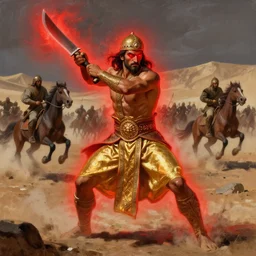 hellscape, machete wielding warrior wearing golden lungi, full body view, red aura focus, hellscape, fighting for life, classicism artstyle, sharp brushstrokes, glowing eyes, islamic revolution, mongolian invasion of iraq, invading army background, horseback combat