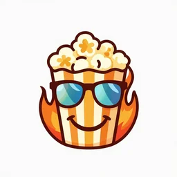 vector logo of a flaming piece of popcorn with a smiling face, with mirrorshades sunglasses, popcorn as morpheus, clean composition, symmetrical