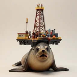 portrait of a toxic oil rig mounted on the head of a anguished south american fur seal, by martine johanna, hikari shimoda, ambient lighting, highly detailed, diorama, doll house, model, zoom out, sharp focus