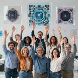 group portraits, supercomputer, groups of diverse happy humans hands in the air, above transparent squares, rectangles, large beautiful virtual art, highly detailed, super realistic, perfect lighting pixel sorting