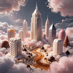 feature cyberpunk city made of candy, clouds made of cotton candy, buildings made of marshmallows, rivers made of caramel, mountains made of truffles, realistic