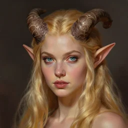 A head-on detailed oil fantasy portrait of a pretty elf woman with small curly horns on her forehead, long blonde hair and bright irises, by greg rutkowski, trending on artstation, dungeon and dragons art