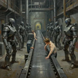 powerless humans on a conveyor belt, guarded by fascist robot overlords, brutalist industrial processing facility, dystopian, pj crook, edward hopper, oil on canvas