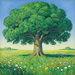 a beautiful painting of a gigantic mystic tree in a field of flowers by moebius