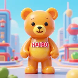 portrait of haribo bear in future city, color and shape f