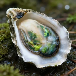 ultra detailed, an oyster with a forest world inside, wet, shiny, fantasy, ultrarealistic