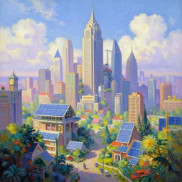 Thomas Kinkade painting of a solarpunk city