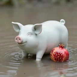 a porcelain sculpture of a pig and a pomegranate, photorealistic, flood waters, by bob eggleton, trending on artstation