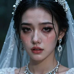 ilyana vyulnika as a young wet bride in the dark, heavy makeup, facepaint, crying eyes, tears, leaked mascara, lipgloss, portrait, closeup, cute freckles, gloss effects, and exaggerated proportions, intricate silver jewelry, after rain, digital art by julia razumova and mel milton, trending on artstation, 4 k high quality cinematic
