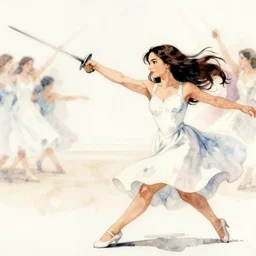 anime natalie portman ballroom sword fight, intricate watercolor painting by greg rutkowski, trending on pixiv