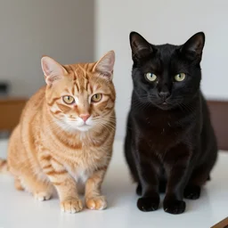 orange cat and black cat on a table