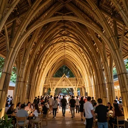 inside small pavilion made of bamboo. complex curved vaulting structure. a large crowd at a party. architectural photography. coronarender, 4 k, 8 k. volumetric lighting.