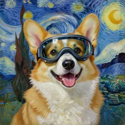 a painting of a happy corgi wearing a cyberpunk augmented reality visor by artgerm and van gogh, highly detailed, oil on canvas