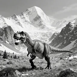 tyrannosaurus rex large theropod dinosaur inside a valley, huge snowy peaks, in the style of ansel adams, black and white, old, master photography