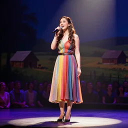 beautiful actress singing on a stage of a broadway musical, colorful dress, rural setting, professional photography, theatrical lighting, volumetric lighting, crowd