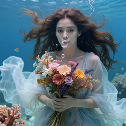 closeup portrait of a beautiful mysterious woamn wearing flowing gown, holding a bouquet of flowers, flowing hair, underwater with corals and fish, bubbles from the mouth, fantasy, regal, intricate, art nouveau, swirly intricate linework background by stanley artgerm lau, greg rutkowski, thomas kinkade, alphonse mucha, loish, norman rockwell