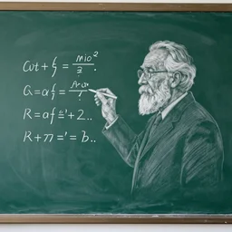 a pencil sketch of an old mathematician solving equations on a large chalkboard