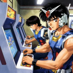 scene of a gundam playing a retro arcade cabinet, by takehiko inoue and kim jung gi and thomas kinkade, masterpiece illustration, realistic face and anatomy