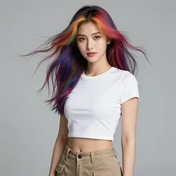 a award winning half body portrait of a beautiful woman with stunning eyes in a croptop and cargo pants with rainbow colored hair, head moving and hair flying, outlined by whirling illuminated neon lines, outrun, vaporware, shaded flat illustration, digital art, trending on artstation, highly detailed, fine detail, intricate