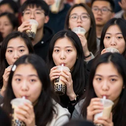 photo of a crowd of people drinking boba milk tea while staring at the camera with soulless eyes and drool coming out of their mouths