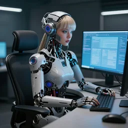 a beautiful highly detailed futuristic mechanical woman sitting behind a desk dream scrolling behind a computer ai art by greg rutkowski and mark keathley, cyberpunk, 7 0 mm photo, featured on artstation, 4 k, octane render