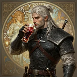 geralt the witcher 3 drinking coca cola d & d fantasy intricate elegant highly detailed digital painting artstation concept art matte sharp focus illustration hearthstone art by artgerm art by greg rutkowski art by alphonse mucha